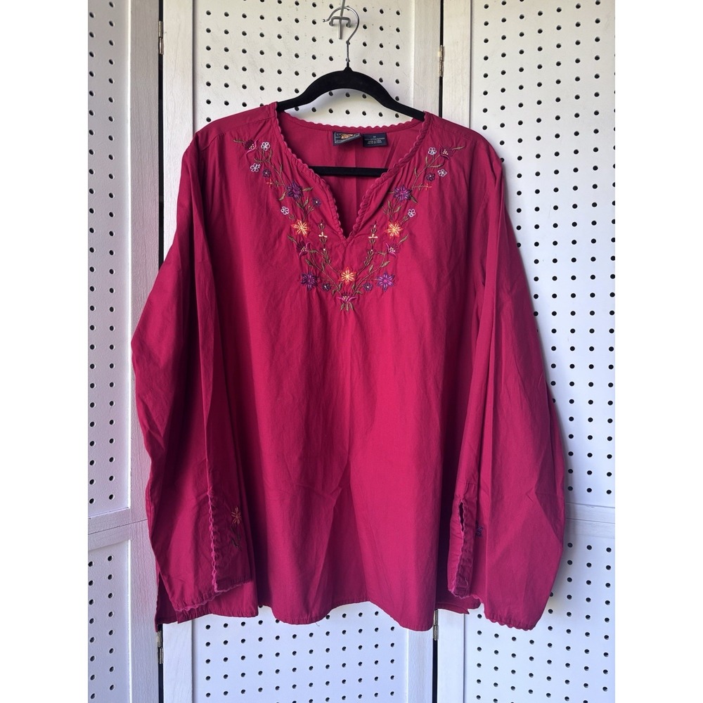 VTG Y2K Route 66 Embroidered Long SLV Red Floral‎ Blouse Shirt Women's 1X Cotton